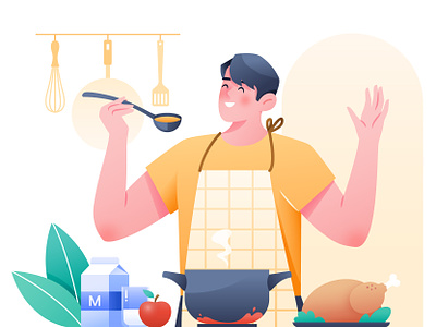 It's Cooking Time apple apron boy character chef chicken cook cooking enjoy enjoy the food food happy illustration kitchen utensils man milk pot taste tasty ui