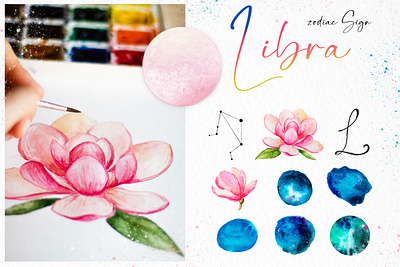 Libra Zodiac astrology constellations illustration libra zodiac magnolia space art watercolor watercolor flowers