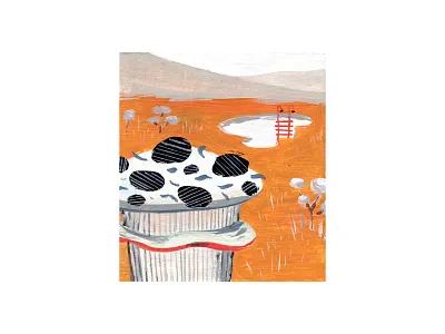 Mushrooms in the meadow abstract acrylic design drawing fungi fungus illustration ladder landscape meadow mountains mushrooms mustard painting pool swimming pool water watercolor watercolour yellow