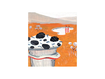 Mushrooms in the meadow abstract acrylic design drawing fungi fungus illustration ladder landscape meadow mountains mushrooms mustard painting pool swimming pool water watercolor watercolour yellow