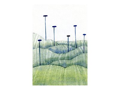 Layered greens composition design grass green illustration land lines meadow mountains painting poles sky vertical watercolor watercolour
