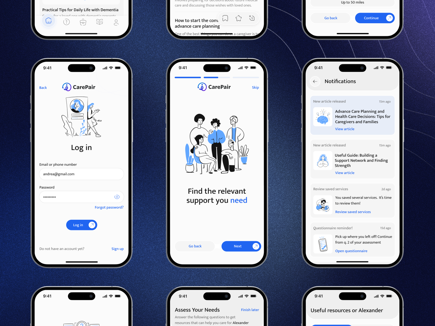 Caregiving App Experience | Mobile App appanimation caregiving cleanlayout empatheticdesign healthcareapp interactiondesign loginscreen minimaldesign mobileappdesign notifications onboarding patientsupport userfriendly