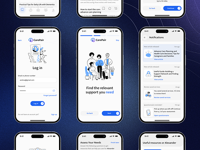 Caregiving App Experience | Mobile App appanimation caregiving cleanlayout empatheticdesign healthcareapp interactiondesign loginscreen minimaldesign mobileappdesign notifications onboarding patientsupport userfriendly