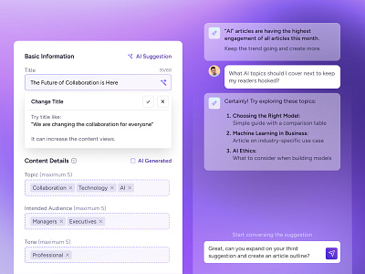 AudiencePlus - Copilot ai chat ai suggestion ai widget audience management audienceplus b2b bb agency content strategy copilot minimal owned media platform product design purple saas sidebar ui user interface web design