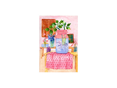 A plant house design drapery glass house illustration mixed media painting plant still life vase watercolor watercolour windows