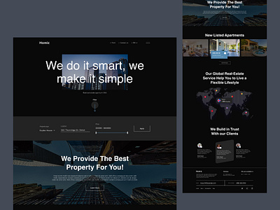 Real Estate Website Homepage apartment boarding house clean dark mood dark ui design graphic design home rent house minimal minimalist properties real estate rent teamuininja ui uiux web design website