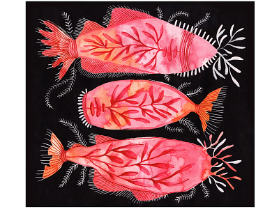 Red glows in the dark abstract background black bones composition decorative design festive fish gouache illustration leaves lines marine painting plant red underwater watercolor watercolour