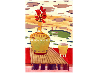 Holidays in dessert abstract cloth clouds design gouache illustration ladder landscape mountains painting pots still life surreal swimming pool table watercolor watercolour