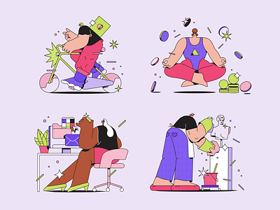 Illustration pack 🪩✨ characterdesign cleaning delivery dots dribbble dribbbleillustration flat illustration illustrator minimal savings star vector veryperi workplace