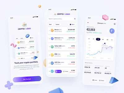 Crypto Tracker — Mobile App 3d app design blockchain crypto crypto tracker crypto wallet cryptocurrency ethereum graphics ios mobile app mobile design mobile ui portfolio portfolio tracker prices tokens tracker ui design white