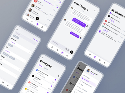 Various screens for remote job application app app design apply chat hamburger menu input job description messages notifications profile remote job ui ui design uxui