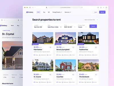 Estatery - Rent Page apartment app architecture business design filter home house inner page landing page list properties minimal property real estate rent saas search ui ux website