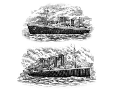 RMS Queen Elizabeth, RMS Lusitania engrave engraving illustration ink lineart woodcut