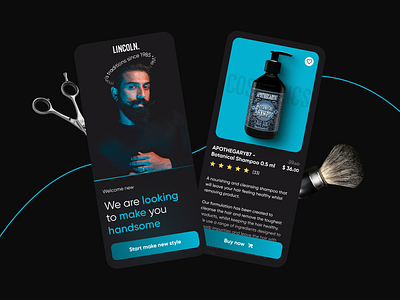 Mobile application for Barbershop "LINCOLN" app barber barbershop beauty black booking concept design customized design dark theme dark ui hair salon haircut hairdresser hairstyle mobileapp salon scissors ui uidesign ux