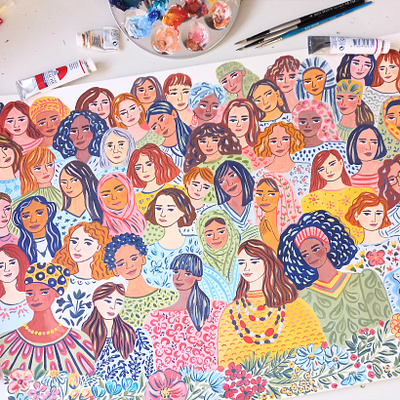 Women art drawing flowers gouache hand drawn illustration painting portrait women women power