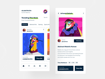 NFT Artwork Mobile App akramhs app artwork bid design ethereum graphic design homescreen illustration nft nft app nft artwork nft artwork app nft mobile app ui ui design uiux uix ux