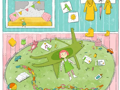 A girl and her gator bored on a rainy day childrens book illustration