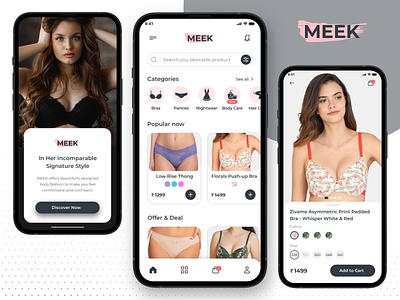 MEEK - Luxury Lingerie App Concept admin dashboard bras card ui clothing fashion interfacedesign jewellery lifestyle lingerie lingerie shop minimal nightwear online lingerie shop order online panties ui ux design undergarments underwear undies women clothing app