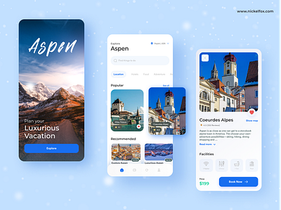 Aspen Travel App Exploration- Mobile App Design adventure app design aspen booking app clean design clean ui concept destination elegant hotel luxurious minimal reservation tourishm tourism travel travel app travel mobile app