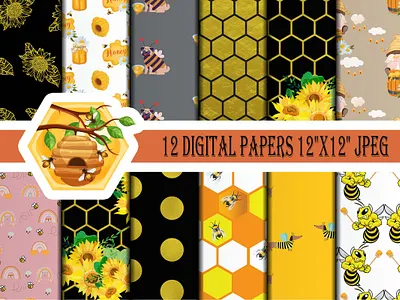 Bumble Bee Digital Papers, Bee Papers, Insects, Honey, Hive bee pattern design wrapping paper png