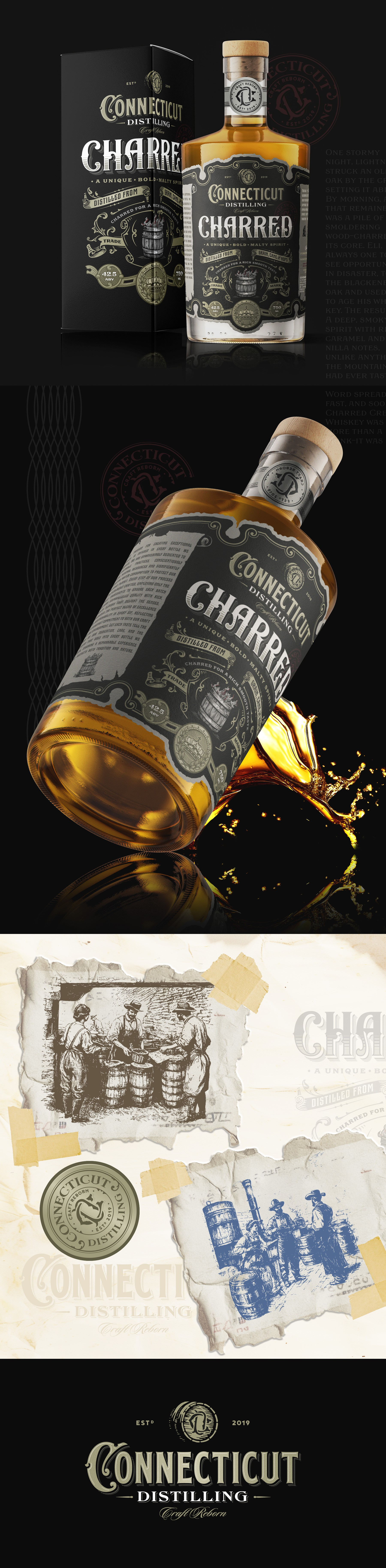 Connecticut Distilling Craft Reborn Bottle artisan barrel barrel aged bottle bottle design branding craft distillery illustration label liquor logo logo design rum spirits vintage whiskey whisky
