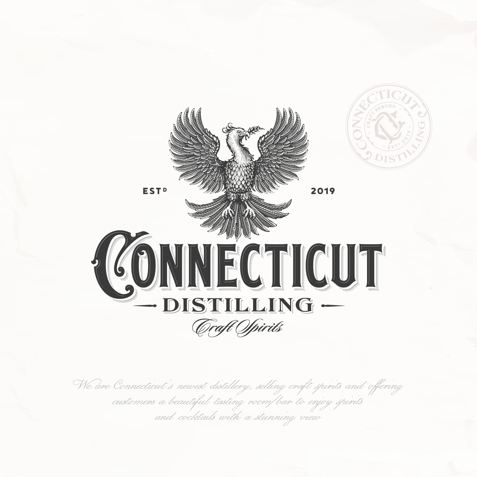 Connecticut Distilling Craft Reborn logo artisan branding brewing craft crosshatch design distillery eagle hand drawn illustration label liquor logo logo design modern monogram phoenix spirits vintage whiskey