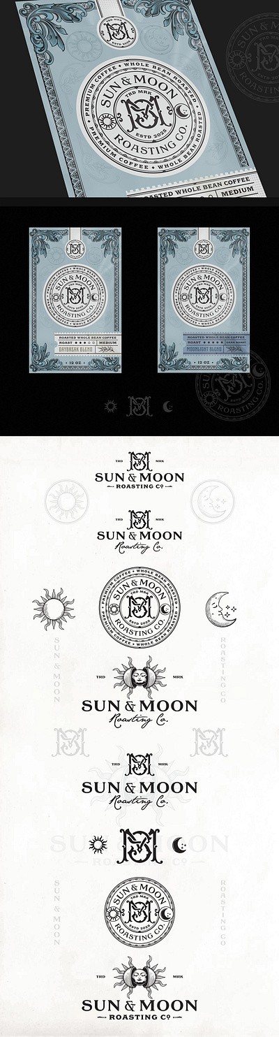 Sun & Moon Coffee Roasting Co. artisan beverage branding coffee coffee beans craft design drawing graphic design illustration label design letter lettering logo logo design monogram roasting vintage vintage design