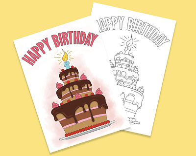 Birthday Card birthday card cake colorful cake coloring dessert digital painting etsy flat graphic design greeting card illustration line art vector