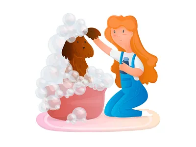 Pet bathroom bubbles care character cute design dog emotion fluffy girl grooming illustration modern style person pet smile soap vector wash washing