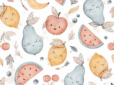 Boho Fruits - watercolor pattern design boho character children cute design fabric fruits illustration kids nursery pattern pattern design textile