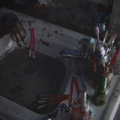 Artists Sink - Realism Study 3d art b3d blender blender3d design illustration messy paint paint brush real sink