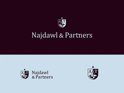 Najdawl & Partners Logo advocacy balance blue branding clean emblem illustration law layer logo modern monogram red shield symbol traditional