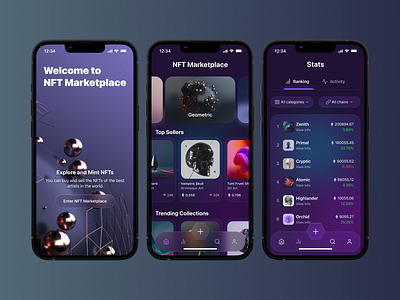 NFT Marketplace App - Dark Mode blockchain crypto dark design figma fintech high fidelity marketplace mobile nft ui visual design