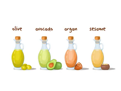 Set of organic oils in glass jugs eating