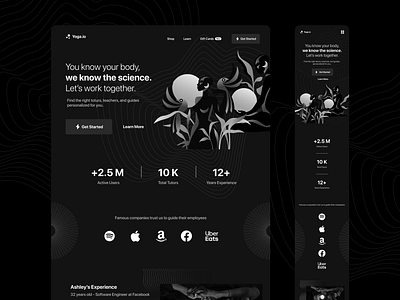 Yoga Landing Page app application black black and white branding bw card design dotchallenge illustration inspiration interface landing landing page mobile page platform ui ux yoga