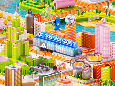 Adidas Warszawa 3d cgi cinema4d city color illustration isometric krol mateuszkrol octane render
