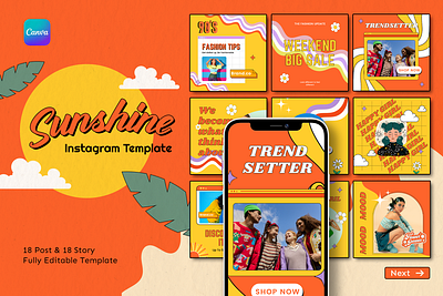 Sunshine - Canva Instagram Template 90s ads banner bundle canva canva template discount floral girl groovy instagram layout marketing promotion retro sale social media spring summer vintage
