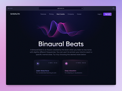 Binaural beats hero concept app binaural bits cards dark dark mode design hero landing meditate minimal mode music page player relax sound waves web