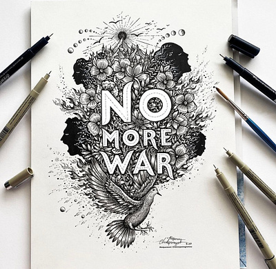 NO MORE WAR animal art artwork bird chatzipanagiotou design drawing face flowers graphic design handmade illustration landscape lettering mountains nature no more war sun typography