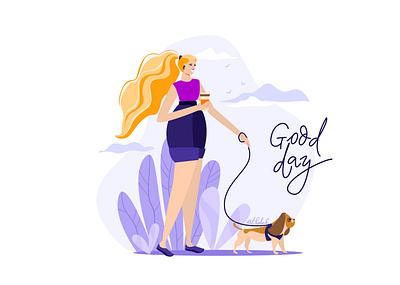 Concept illustration with a girl is walking affinity affinity designer branding cartoon characters coffee concept design dog girl graphic designer illustration ipad lettering park social media summer ui vector women