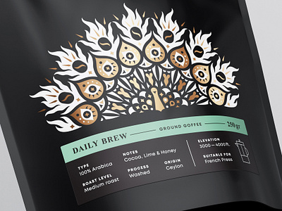 DFC Roasters — 250gr pouch for ground coffee branding ceylon coffee design illustration packaging peacock pouch roasters sri lanka