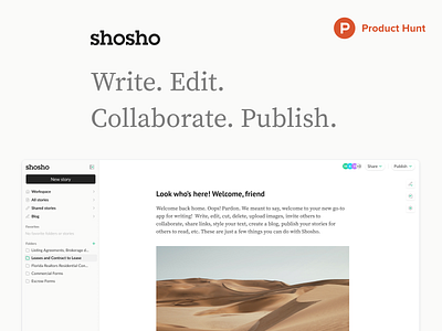 Shosho - Product Launch blogging blogging platform crm document editor folder folders google doc journalism medium new document new story notion sidebar text editor web editor write writer writing wysiwyg