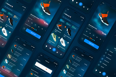 Sneakers Ecommerce App Design addidas animation app dark dark app dark mode dark theme dark ui dark ux ecommerce mobile app nike prototype shoe store shoes sneaker ui uiux user experience uxapp