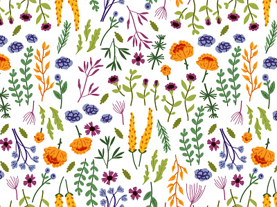 Wild meadow flowers 2. Seamless pattern for fabrics adobe illustrator design flat style floral flowers herbs illustration meadow nature pattern seamless pattern textile design vector illustration wild