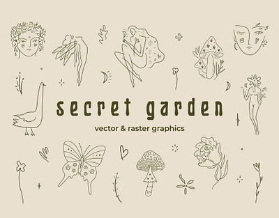 Secret Garden Bundle abstract boho bundle design elf fairytale folk green green witch groovy hippie illustration logo magical modern mystical secret garden spell vector