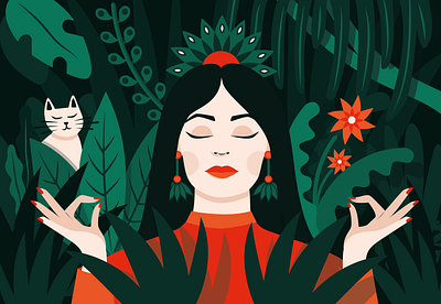 There was the afterwork, now there is the aftercbd 2d cat cbd flat green illustration jungle meditation plants red vector woman yoga zen