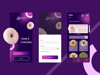 Donut Store Application animation application branding design donut ecomere galaxy illustration ilustration logo minimalist mobile palnet store ui uidark ux vector