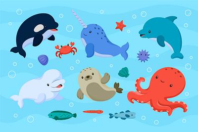 Sea Animals Collection beluga crab cute sea animals dolphin fish kawaii animals killer whale narwhal octopus sea animals sea lion sea shells star fish