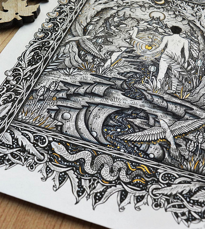 Paradise • close up shot animals art bird black and white branding chatzipanagiotou design drawing flowers graphic design handmade illustration landscape line art logo nature paradise pattern scenery snake