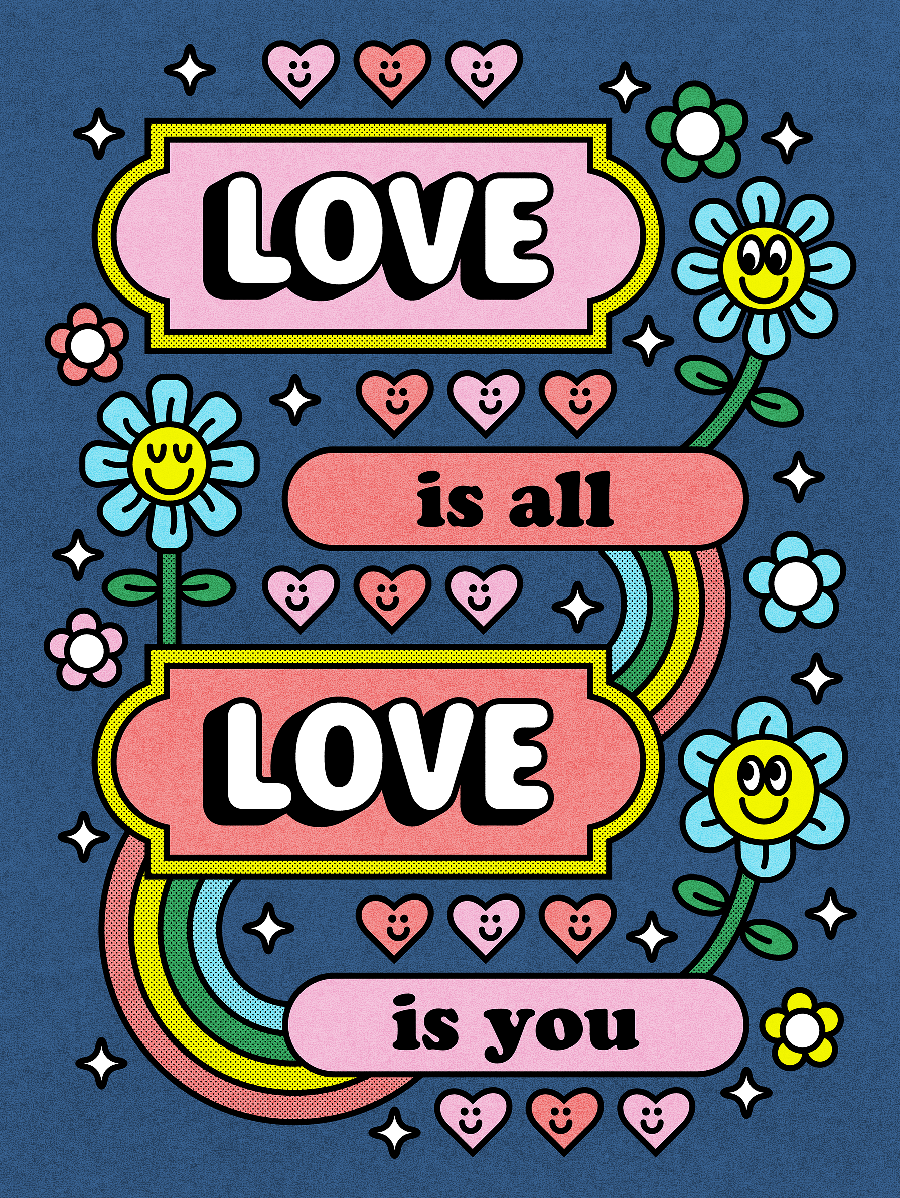 Love Is All blue color flowers fun green illustration love minimal pink red stickermule vector yellow